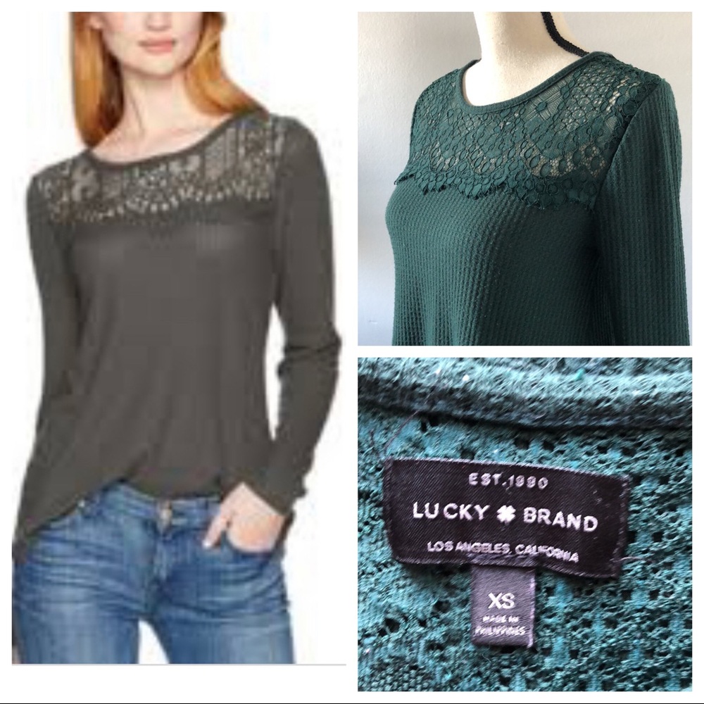 LUCKY BRAND Green Lace Yoke Waffle  Top | XS